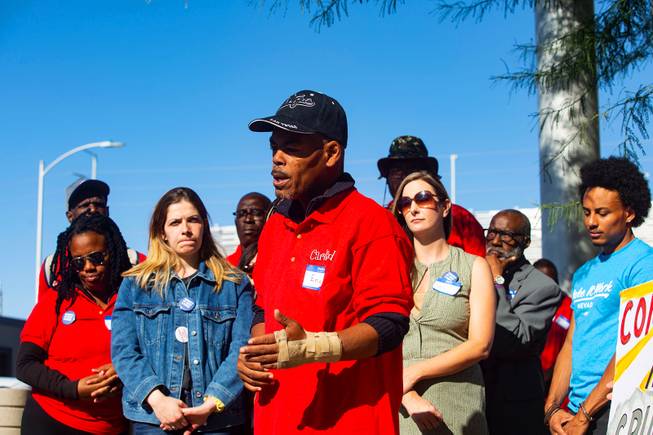 Eric Simpson, who is homeless, speaks during a protest in response to a proposed city ordinance outside of Las Vegas City Hall on Wednesday, Oct. 2, 2019. The proposed ordinance would make homeless encampments illegal if beds are available through the city or nonprofit organizations. Miranda Alam/Special to the Sun