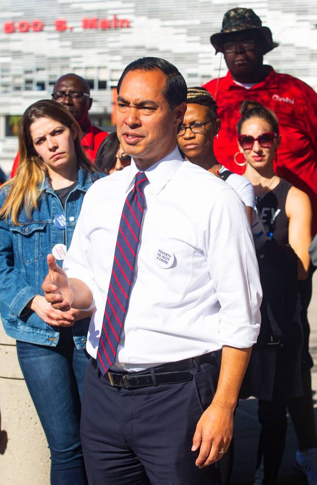 Former Housing and Urban Development Secretary and Democratic presidential candidate Julian Castro speaks during a protest in response to a proposed city ordinance outside of Las Vegas City Hall on Wednesday, Oct. 2, 2019. The proposed ordinance would make homeless encampments illegal if beds are available through the city or nonprofit organizations. Miranda Alam/Special to the Sun