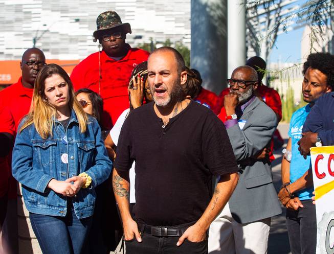 Joe Sacco Jr., son of homelessness advocate Gail Sacco, speaks during a protest in response to a proposed city ordinance outside of Las Vegas City Hall on Wednesday, Oct. 2, 2019. The proposed ordinance would make homeless encampments illegal if beds are available through the city or nonprofit organizations. Miranda Alam/Special to the Sun