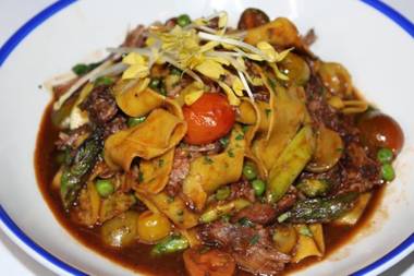 Braised pork brings decadent flavor to this pasta dish.