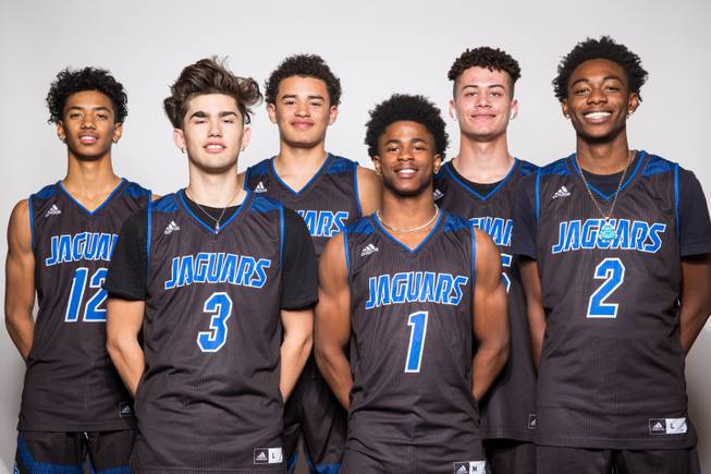 Players of the Desert Pines High basketball team, from left Milos Uzan, Cimarron Conriquez, Anthony Swift, Semaj Threats, Roland Gates, and Dayshawn Wiley, take a portrait during the Las Vegas Sun's High School Basketball Media Day at the Red Rock Resort and Casino, Oct. 28, 2019.
