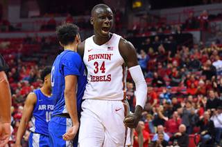UNLV Rebels forward Cheikh Mbacke Diong (34) celebrates drawing a foul on the Air Force Falcons during their NCAA Mountain West Conference basketball game Saturday, January 4, 2020 at the Thomas & Mack Center in Las Vegas.