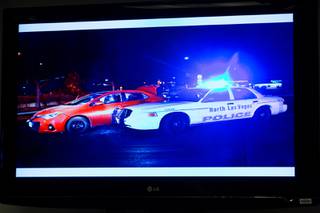 A photo of the scene is shown during a media brief by North Las Vegas Police Chief Pamela Ojeda, Tuesday Jan. 7, 2020. Suspect Jamari Tarver was involved in a vehicle pursuit in North Las Vegas on Jan 2nd, 2020, that ended with him being killed by police.