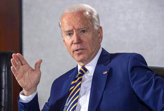 Former Vice President and Democratic presidential candidate Joe Biden responds to a question during an editorial board meeting at the Las Vegas Sun offices in Henderson Saturday, Jan. 11, 2020.