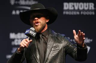 Welterweight fighter  Donald Cerrone responds to a question during a UFC 246 news conference at the Pearl Theater in the Palms Wednesday, Jan. 15, 2020. Cerrone will face Conor McGregor in the Octagon at T-Mobile Arena Saturday.
