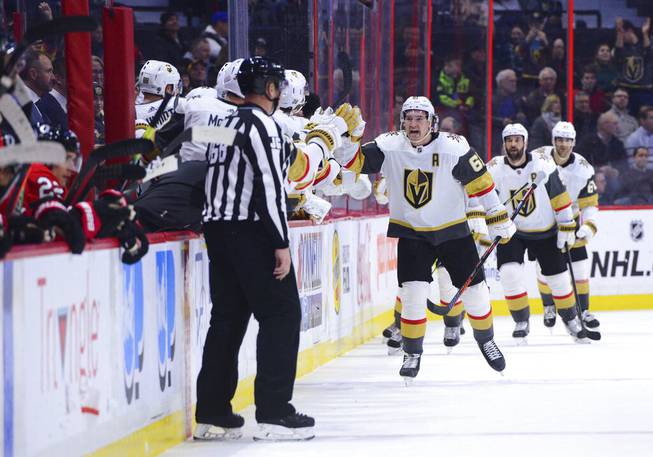 Golden Knights right wing Mark Stone (61) celebrates a goal against the Ottawa Senators during the second period of an NHL hockey game, Thursday, Jan. 16, 2020 in Ottawa, Ontario. 