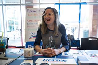 Campus organizer Jackie Spice campaigns for democratic presidential candidate Bernie Sanders at UNLV, Wednesday, Jan. 29, 2020.
