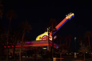 One last look at the iconic Hard Rock Hotel Las Vegas guitar before the property officially closes its doors Monday Feb. 3, 2020. The property will continue its transformation into Virgin Hotels Las Vegas, which will open November 2020.
