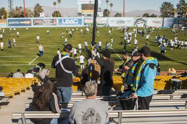 A Las Vegas Lights FC support group gathers at Cashman Field for an open-house and team tryout on Jan. 11, 2020. (Ricardo Torres-Cortez / Las Vegas Sun)