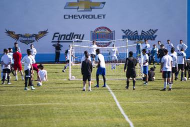 Open tryout participants run through drills at Cashman Field on Jan. 11. Hundreds of prospects attended the event, trying to land a spot on Las Vegas Lights FC. (Ricardo Torres-Cortez / Las Vegas Sun)