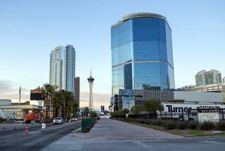 A view of The Drew Las Vegas, right, formerly Fontainebleau Las Vegas, on the Las Vegas Strip Wednesday, April 15, 2020.