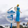 The Blue Angel Motel sign and statue are shown on Fremont Street near Charleston Boulevard, March 13, 2020.