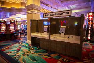 Hand washing stations are set-up throughout the casino floor at the Bellagio, as seen during a media preview, Monday June 1, 2020. These new measures are a part of MGM Resorts' 7-point health and safety plan for guests and employees as they re-open to the public this coming Thursday, June 4th.