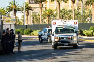A police motorcade escorts wounded Las Vegas police officer Shay Mikalonis to the airport where he will be transferred to an out of state medical facility, Wed, July 1, 2020. Mikalonis was shot in the head June 1, 2020, during a protest on the Las Vegas Strip over the death of George Floyd.