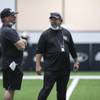 Las Vegas Raiders head coach Jon Gruden, left, talks with defensive coordinator Paul Guenther during an NFL football training camp practice Tuesday, Aug. 25, 2020, in Henderson, Nev. (Chase Stevens/Las Vegas Review-Journal via AP, Pool) Las Vegas Raiders head coach Jon Gruden, left, talks with defensive coordinator Paul Guenther during an NFL football training camp practice Tuesday, Aug. 25, 2020, in Henderson, Nev. (Chase Stevens/Las Vegas Review-Journal via AP, Pool)