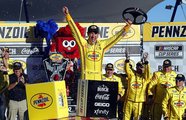 Joey Logano (22) celebrates in victory lane after winning the Pennzoil 400 NASCAR Cup Series race at the Las Vegas Motor Speedway Sunday, Feb. 23, 2020.