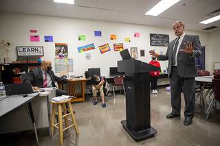 North Las Vegas Mayor John Lee speaks during a virtual leadership assembly at the Somerset Academy, a charter school in North Las Vegas, Thursday, Feb. 25, 2021. Lee was the featured speaker.
