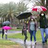 Keith and Leann Wade walk in the rain with their son Peyton, 5, on their way to kindergarten at Bartlett Elementary School in Henderson Friday, March 12, 2021.