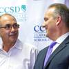 In this Aug. 28, 2019 file photo, John Vellardita, left, executive director of the Clark County Education Association, and Clark County School District Superintendent Jesus Jara attends a news conference at CCSD headquarters in Las Vegas.