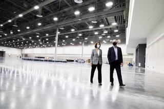 Steve Hill, Chief Executive Officer/President of the Las Vegas Convention and Visitors Authority (LVCVA) gives Sen. Catherine Cortez Masto, D-NV, a tour the Las Vegas Convention Center's West Hall, Monday, May 3, 2021.