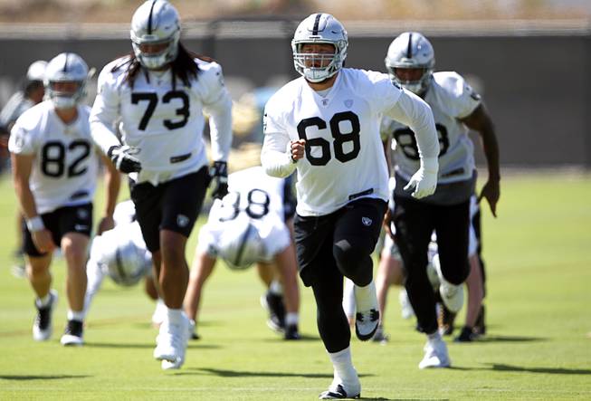 Las Vegas Raiders offensive tackle Andre James (68) is shown during an off-season practice at the Raiders practice facility in Henderson Wednesday, June 2, 2021.