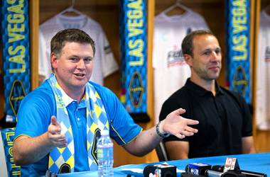 Brett Lashbrook, left, owner and CEO of the Las Vegas Lights, speaks during a media day at Cashman Field Thursday, June 3, 2021. Coach Steve Cherundolo is at right. The Lights will face the Tacoma Defiance in their home opener Saturday, June 5, at Cashman Field.