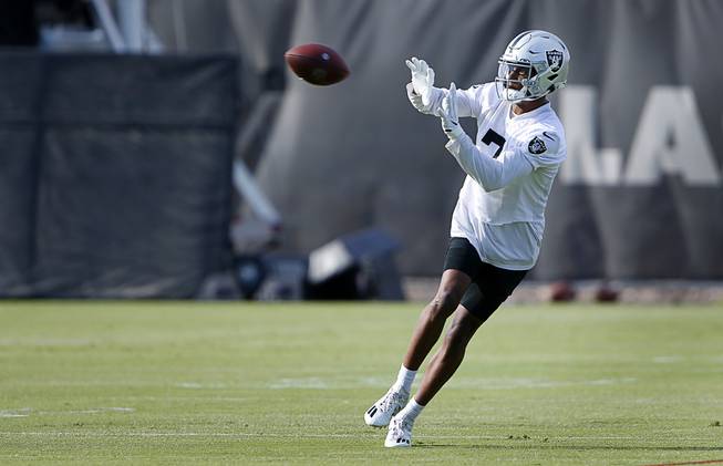 Las Vegas Raiders wide receiver Zay Jones (7) catches a pass during a practice at the Raiders facility in Henderson Tuesday, June 15, 2021.