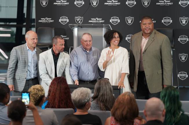 The Las Vegas Raiders and America First Credit Union combined forces on the inaugural Small Business Showcase, a competition that culminated Tuesday, July 13, 2021, at Allegiant Stadium with the awarding of sponsorship assets valued at $100,000 to the winning business. From left are Raiders president Marc Badain; Christian Howard, vice president of corporate partnerships for the Raiders; Thayne Shaffer, America First Credit Union president/CEO; Felicia Parker, Any Occasion Baskets founder and Small Business Showcase winner; and Lincoln Kennedy, Raiders’ alumnus and small-business owner.