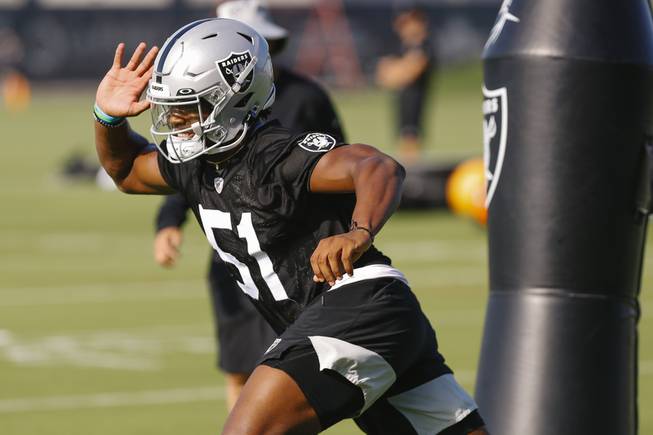 Las Vegas Raiders defensive end Malcolm Koonce (51) attends practice at the Raiders Headquarters in Henderson Wednesday, July 28, 2021.