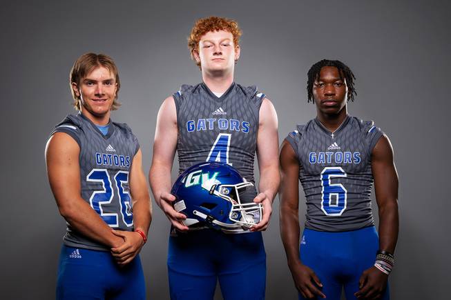 Members of the Green Valley High School football team are pictured during the Las Vegas Sun's high school football media day at the Red Rock Resort on August 3rd, 2021. They include, from left, Mark Rerecich, Cole Castro and Jaylen McKnight.