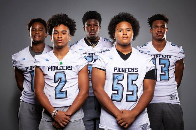 Members of the Canyon Springs High School football team are pictured during the Las Vegas Sun's high school football media day at the Red Rock Resort on August 3rd, 2021. They include, from left, Nyic'Quavayion, Hercules Ortega, Ryan Henderson, Buddy Yates and Isiaih William.