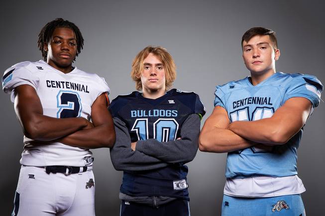 Members of the Centennial High School football team are pictured during the Las Vegas Sun's high school football media day at the Red Rock Resort on August 3rd, 2021. They include, from left, Nicauri Shelton, Ben Hungerford and Thomas Gili.