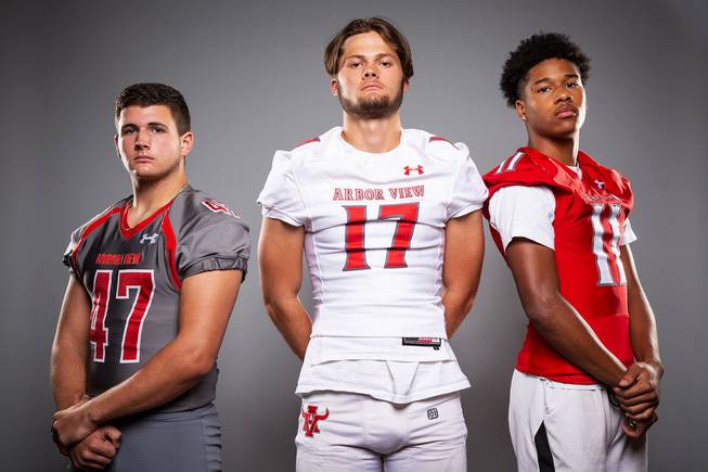 Members of the Arbor View High School football team are pictured during the Las Vegas Sun's high school football media day at the Red Rock Resort on August 3rd, 2021. They include, from left, Bryce Ericson, Kyle Holmes and Kyri Shoels.