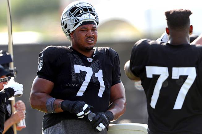 Las Vegas Raiders offensive guard Denzelle Good (71) is shown during Raiders Training Camp at the Intermountain Healthcare Performance Center in Henderson Thursday, Aug. 12, 2021.