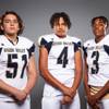 Members of the Spring Valley High School football team are pictured during the Las Vegas Sun's high school football media day at the Red Rock Resort on August 3rd, 2021. They include, from left, Carlos Reza, Jalen Humphrey and Kameron Robins.