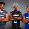 Members of the Desert Pines High School football team are pictured during the Las Vegas Sun's high school football media day at the Red Rock Resort on August 3rd, 2021. They include, from left, Rjay Tagataese, Jovantae Barnes and Jett Solomon.