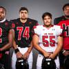 Members of the Las Vegas High School football team are pictured during the Las Vegas Sun's high school football media day at the Red Rock Resort on August 3rd, 2021. They include, from left, Bryan Inmon,  Seth Tomsen, Alejandro Barraza Ponce DeLeon and Rob Flanagan.