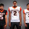 Members of the Chaparral High School football team are pictured during the Las Vegas Sun's high school football media day at the Red Rock Resort on August 3rd, 2021. They include, from left, Nelson Jimenez, Jeremiah Jones and Jeremy Jones.
