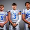 Members of the Basic High School football team are pictured during the Las Vegas Sun's high school football media day at the Red Rock Resort on August 3rd, 2021. They include, from left, Levi Fulton, Damian Gramajo and Allen Danielson.