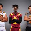 Members of the Del Sol Academy football team are pictured during the Las Vegas Sun's high school football media day at the Red Rock Resort on August 3rd, 2021. They include, from left, Chaz, Vonta Halloway and Michael Brown.