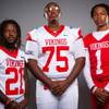 Members of the Valley High School football team are pictured during the Las Vegas Sun's high school football media day at the Red Rock Resort on August 3rd, 2021. They include, from left, Davion Duncan, Ka'Jon Gray and Tyler Searcy.