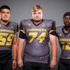 Members of the Clark High School football team are pictured during the Las Vegas Sun's high school football media day at the Red Rock Resort on August 3rd, 2021. They include, from left, Reyes Reynaga, Weston Petty and Lebon Maquashi.