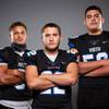 Members of the Sierra Vista High School football team are pictured during the Las Vegas Sun's high school football media day at the Red Rock Resort on August 3rd, 2021. They include, from left, Malachi Green, Dax Dietz and Lawrence Vigil.