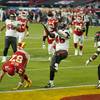 Tampa Bay Buccaneers inside linebacker Devin White makes an interception against Kansas City Chiefs tight end Travis Kelce during the second half of the NFL Super Bowl 55 football game Sunday, Feb. 7, 2021, in Tampa, Fla. Tampa Bay Buccaneers inside linebacker Devin White makes an interception against Kansas City Chiefs tight end Travis Kelce during the second half of the NFL Super Bowl 55 football game Sunday, Feb. 7, 2021, in Tampa, Fla.