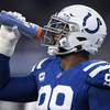 Indianapolis Colts defensive tackle DeForest Buckner (99) takes a drink on the field before an NFL football game against the Seattle Seahawks, Sunday, Sept. 12, 2021, in Indianapolis. Indianapolis Colts defensive tackle DeForest Buckner (99) takes a drink on the field before an NFL football game against the Seattle Seahawks, Sunday, Sept. 12, 2021, in Indianapolis.