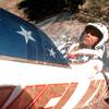 In this Sept. 8, 1974, file photo, Evel Knievel sits in the steam-powered rocket motorcycle he had hoped would take him across Snake River Canyon in Twin Falls, Idaho.