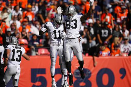Las Vegas Raiders wide receiver Henry Ruggs III (11) celebrates his touchdown against the Denver Broncos with tight end Darren Waller (83) during the first half of an NFL football game, Sunday, Oct. 17, 2021, in Denver