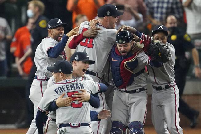 The Atlanta Braves celebrate after winning baseball's World Series in Game 6 against the Houston Astros Tuesday, Nov. 2, 2021, in Houston. The Braves won 7-0. 