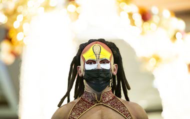 A KA cast member is shown during a pop-up performance in the hotel lobby celebrating the return of KA by Cirque Du Soleil at MGM Grand Wednesday, Nov. 24, 2021.