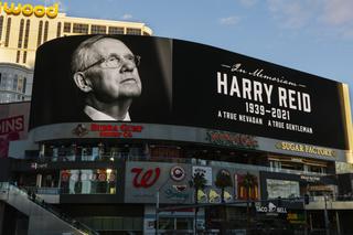 A billboard on the Las Vegas Strip displays an image of the late Nevada Senator Harry Reid Friday, Dec. 31, 2021.